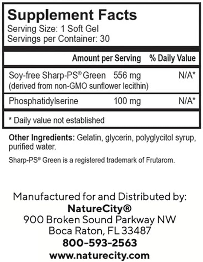 NatureCity True-PS Soy Free Stabilized Phosphatidylserine 100mg Brain Supplements for Memory and Focus - Memory Pills for Brain - Brain Health Supplements for Adults (30 SoftGels)