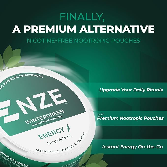 NZE Caffeine Nootropic Pouches (Wintergreen) - Energy Pouches with 50mg Caffeine, Alpha GPC, L-Tyrosine & L-Theanine with No Sugar or Artificial Sweeteners - 15 Nicotine Free Pouches Per Can - 5 Pack