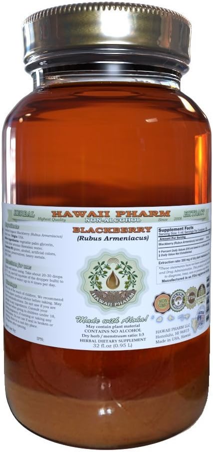 BlackBerry Alcohol-Free Liquid Extract, BlackBerry (Rubus Armeniacus) Root Glycerite Hawaii Pharm Natural Herbal Supplement 32 oz Unfiltered