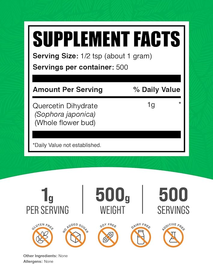 BulkSupplements.com Quercetin Dihydrate Powder - Quercetin Supplements, Antioxidants Source - Vegan & Gluten Free, 1g per Serving, 500g (1.1 lbs) (Pack of 1)
