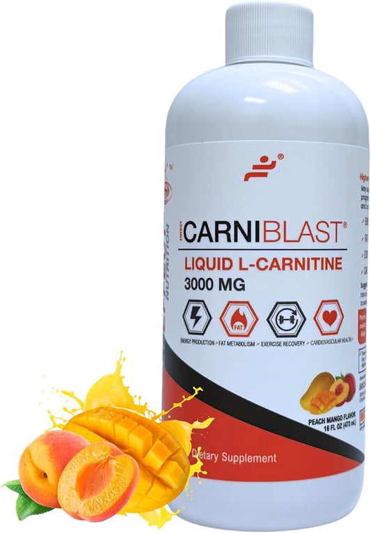 CARNIBLAST Liquid L-Carnitine 3000mg – Carnipure® Sports Nutrition Supplement for Energy, Stamina & Workout Recovery – Peach Mango Flavor, 16 Fl Oz, Vegan, Gluten-Free, Non-GMO