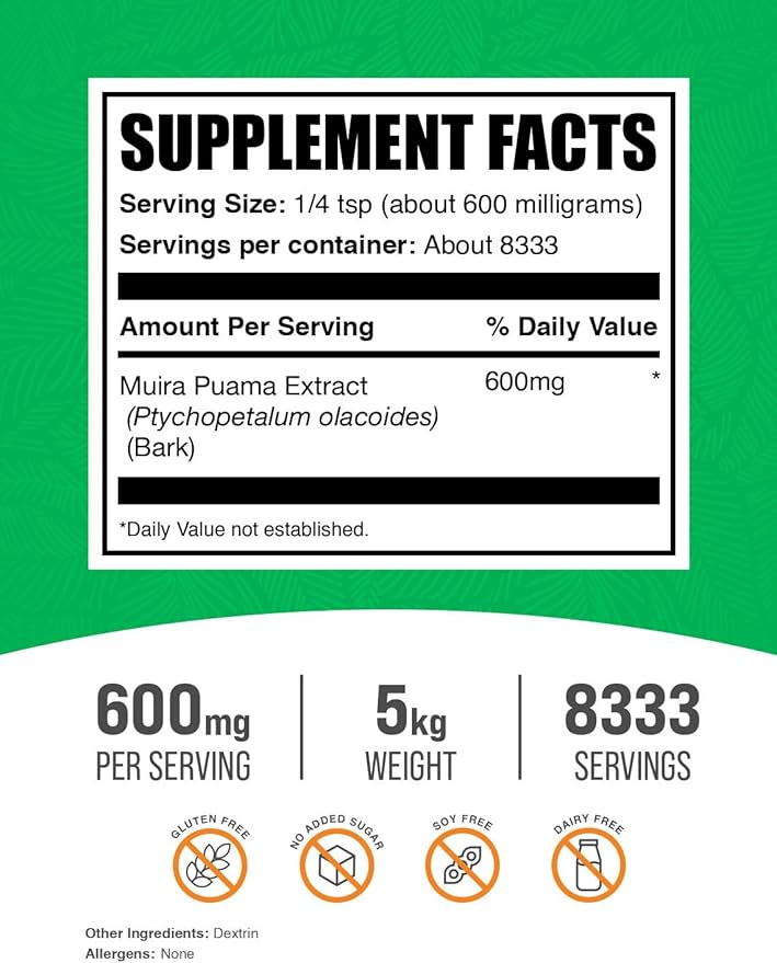 BulkSupplements.com Muira Puama Extract Powder - Muira Puama Supplement, from Muira Puama Bark - Herbal Supplement, Gluten Free, 600mg per Serving, 5kg (11 lbs) (Pack of 5)