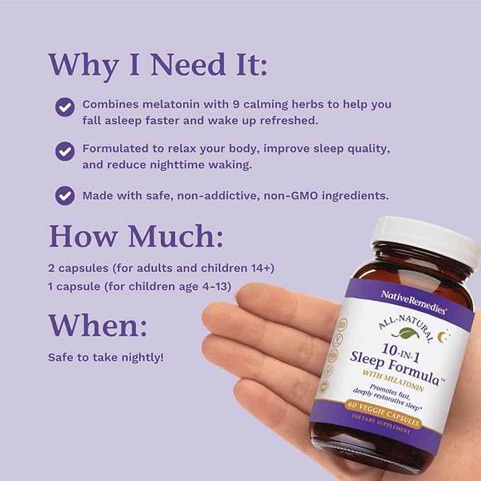 Native Remedies 10-in-1 Natural Sleep Aid for Adults & Kids 4+ – Herbal Sleep Supplement with Melatonin 5mg, Magnesium, Valerian Root, Chamomile & L-Tryptophan – Non-Habit Forming, Vegan, 60 Capsules