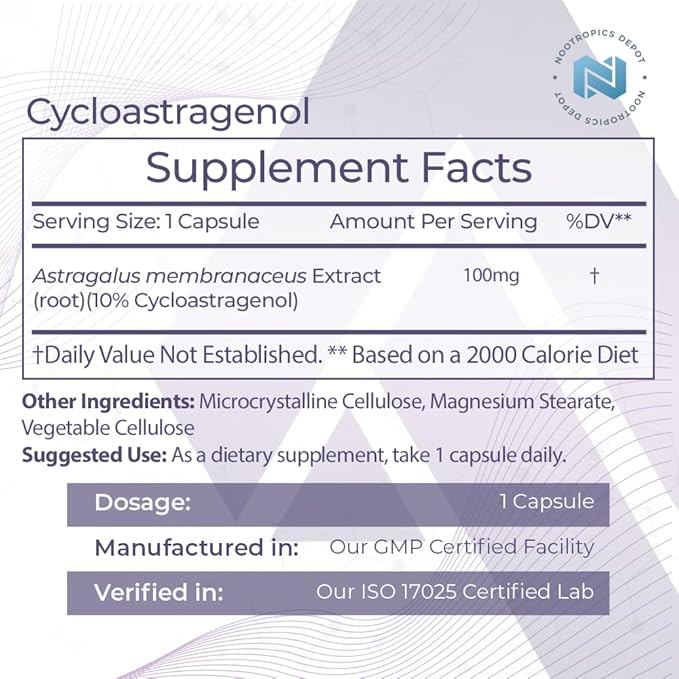Nootropics Depot Cycloastragenol 10% Capsules | 100mg | 90 Count | Astragalus membranaceus | Cellular Health, Immune Support, Lengthens Telomeres