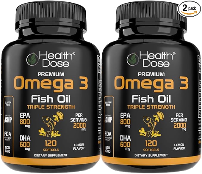 Omega 3 Fish Oil – Lemon-Flavored Softgels with EPA & DHA for Brain, Heart, and Wellness Support – Easy-to-Digest, No Fish Burps – 120 Softgels, Pack of 2