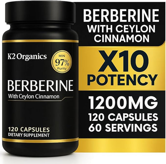 Berberine with Ceylon Cinnamon 1200mg – 97% Purity- Non-GMO, Gluten-Free, Lab-Tested Vegan Berberine Supplement (120 Count)