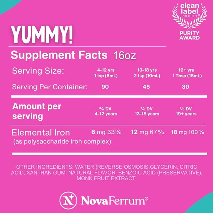 NovaFerrum Yummy 16 Fl Oz | Liquid Iron Supplement for Ages 4 & Up | 18mg of Iron/Tbsp | Gluten Free | Sugar-Free | Raspberry Grape