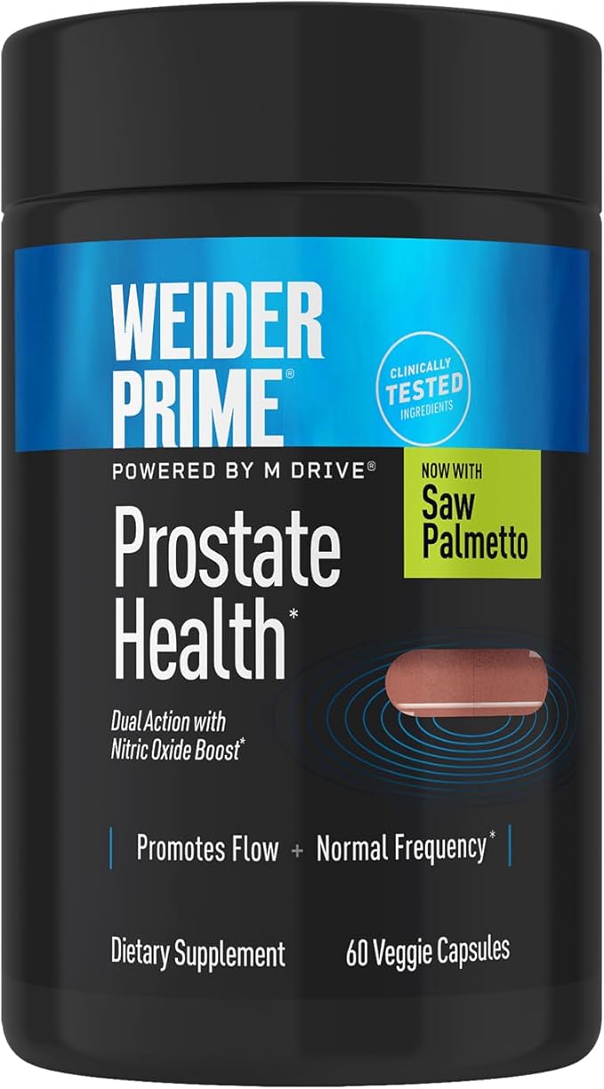 Weider Prime Prostate Health for Men, Saw Palmetto, Dual Action with N.O. Boost, Promotes Flow and Normal Frequency, 60 Veggie Capsules