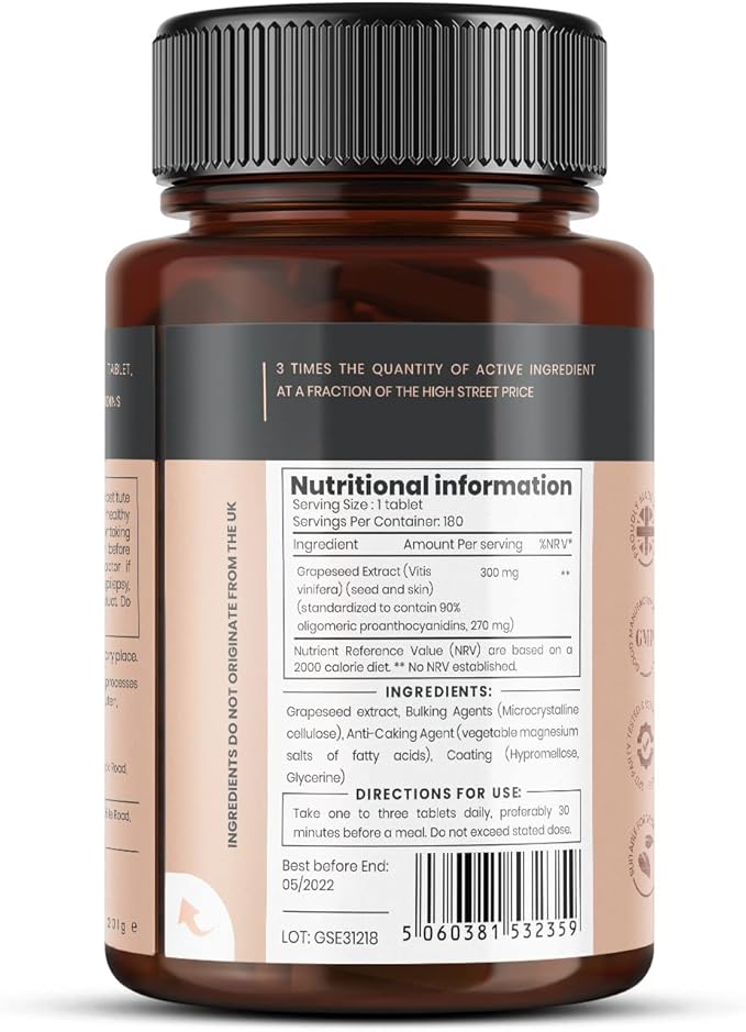 pureclinica Grape Seed Extract 300mg x 180 Tablets - 90% Oligomeric Proanthocyanidins. 300% Stronger Than Regular Grape Seed.