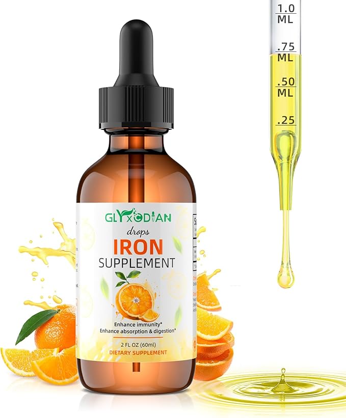 Iron Liquid Drops for Women & Men： Iron Drop 60ml 98% Absorption Liquid Iron Supplement Drops Supports Immunity Energy Red Blood Cell Production Relieves Fatigue Dizziness Natural Orange Flavor