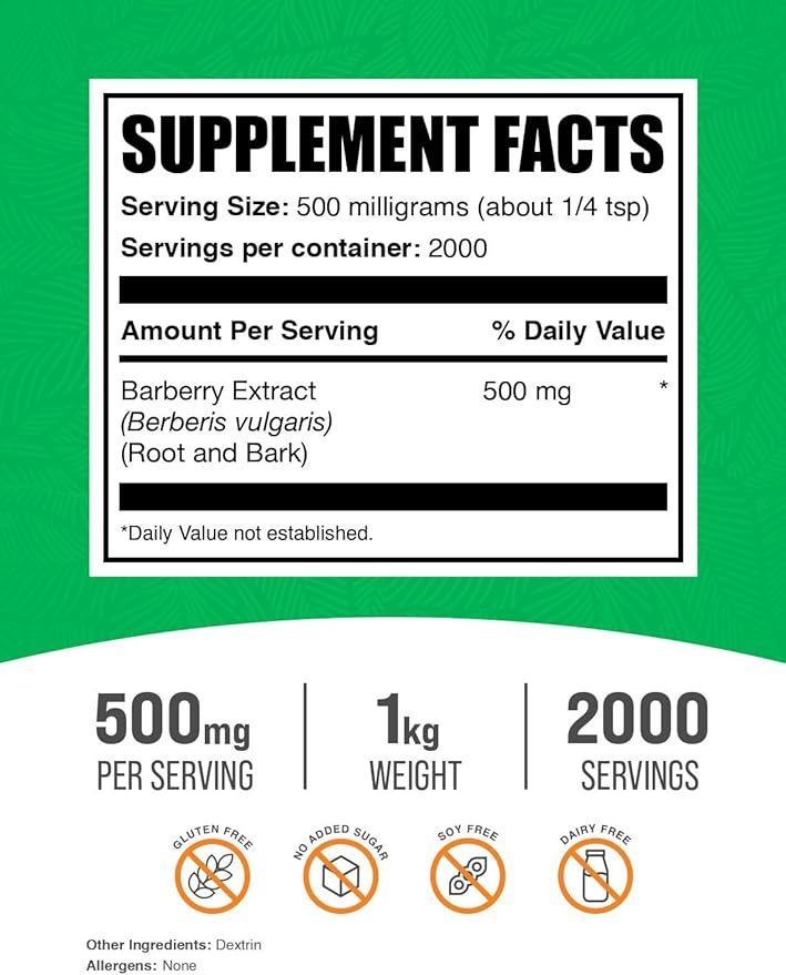 BulkSupplements.com Barberry Extract Powder - Barberry Sypplement, Herbal Supplement - Vegan & Gluten Free, 500mg per Serving, 1kg (2.2 lbs) (Pack of 1)