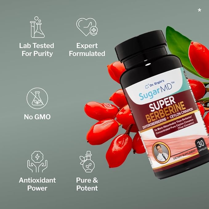 SugarMD Super Berberine Supplement – 250mg GlucoVantage Dihydroberberine with Ceylon Cinnamon - 5X More Absorbable Than Regular Berberine – 30 Capsules (30 Day Supply)