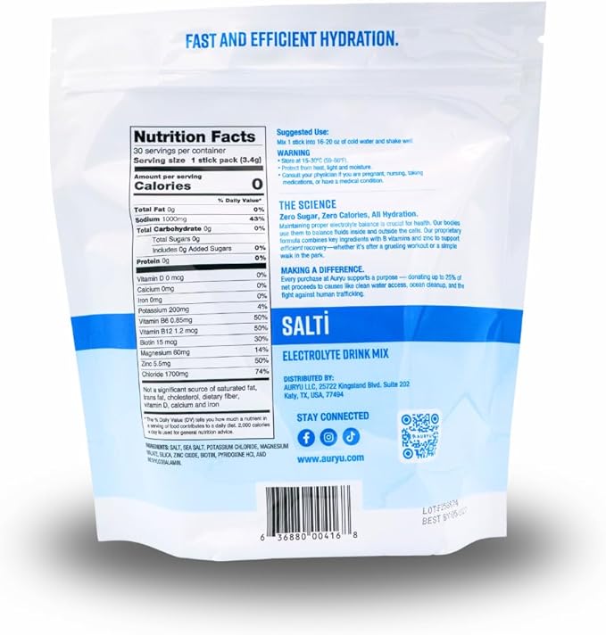 Electrolyte Drink Mix Salti – Unflavored Hydration Powder with 1000mg Sodium, Potassium, Magnesium, Zinc & B Vitamins – 30 Sticks