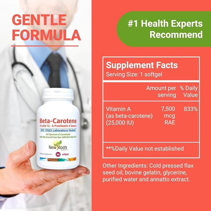 NEW ROOTS HERBAL Beta-Carotene 25,000 IU Supplements | Vitamin A (90 Softgels) | Full Spectrum of Carotenoids | Naturally Sourced from Non-GMO Red Palm Fruit + Organic Flax Seed Oil