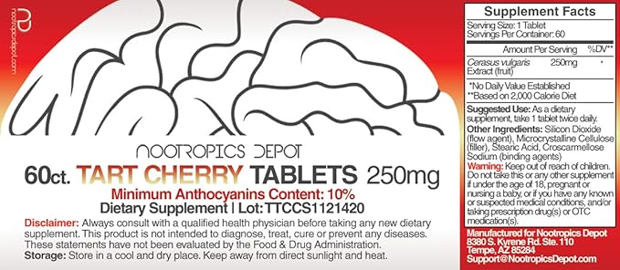 Nootropics Depot Tart Cherry Extract Tablets | 250mg | 60 Count | 10% Anthocyanins | Supports Balanced Oxidation & Inflammation Levels | Promotes Physical Strength & Energy