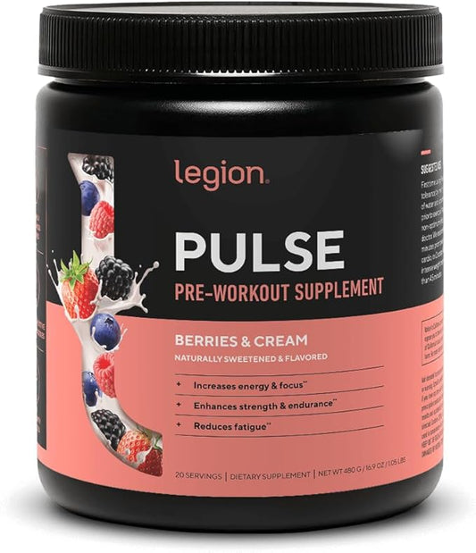 LEGION Pulse - All Natural Nitric Oxide Preworkout Drink to Boost Energy, Creatine Free, Naturally Sweetened, Beta Alanine, Citrulline, Alpha GPC (Berries and Cream)