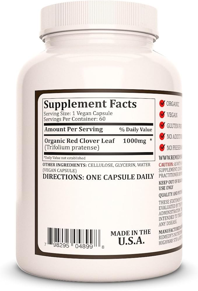 Remedy's nutrition Red Clover Leaf | 1,000 mg, 60 Vegan Capsules Herbal Dietary Supplement | Two Month Supply