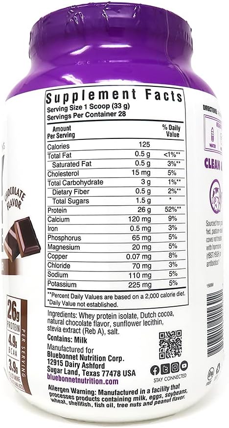 Bluebonnet Grass Fed Whey Protein Isolate 26 g Energy & Workout Recovery BCAA Amino Acids - Gluten-Free, Non-GMO, Soy-Free Chocolate Protein Powder for Women & Men - 28 Servings