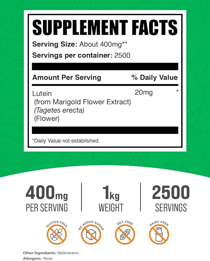 BulkSupplements.com Lutein Powder - from Marigold Flower Extract, Eye Supplement, Lutein 20mg - Antioxidant Source, Gluten Free, 400mg per Serving, 1kg (2.2 lbs) (Pack of 1)