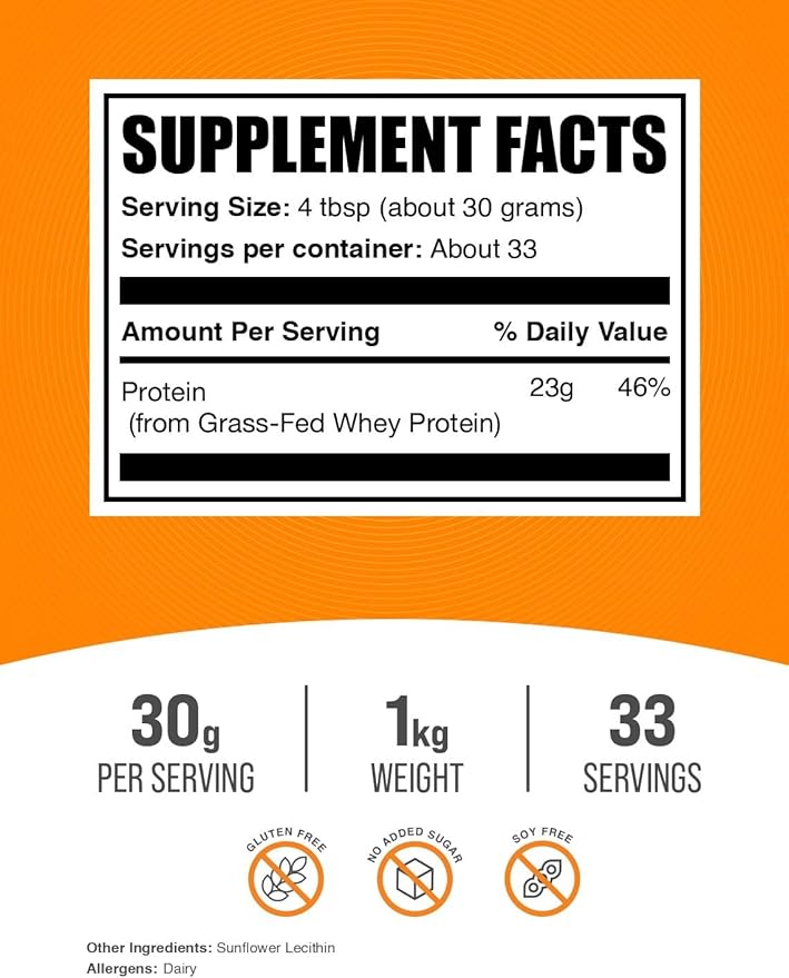 BulkSupplements.com Grass Fed Whey Protein Powder - Whey Protein Concentrate Powder - Unflavored & Gluten Free, 30g per Serving, 1kg (2.2 lbs) (Pack of 1)