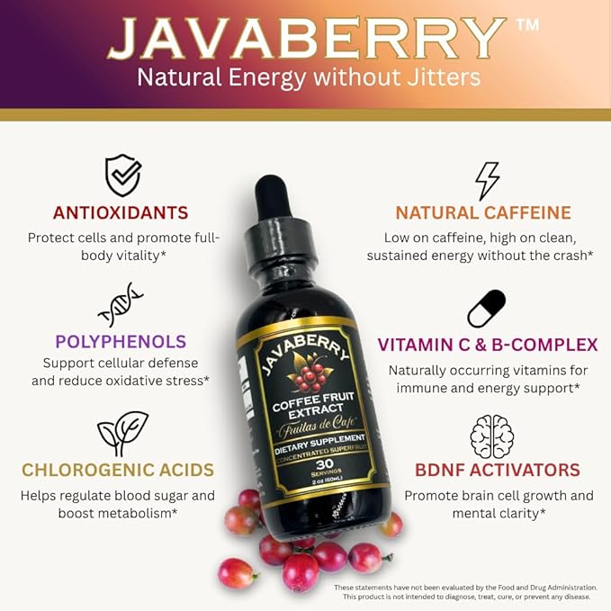 Javaberry Coffee Fruit Extract – Brain Supplement for Focus, Memory & Clarity – Supports BDNF & Mental Energy – Natural Antioxidant Nootropic Liquid with Polyphenols – 60ml (30 Servings)