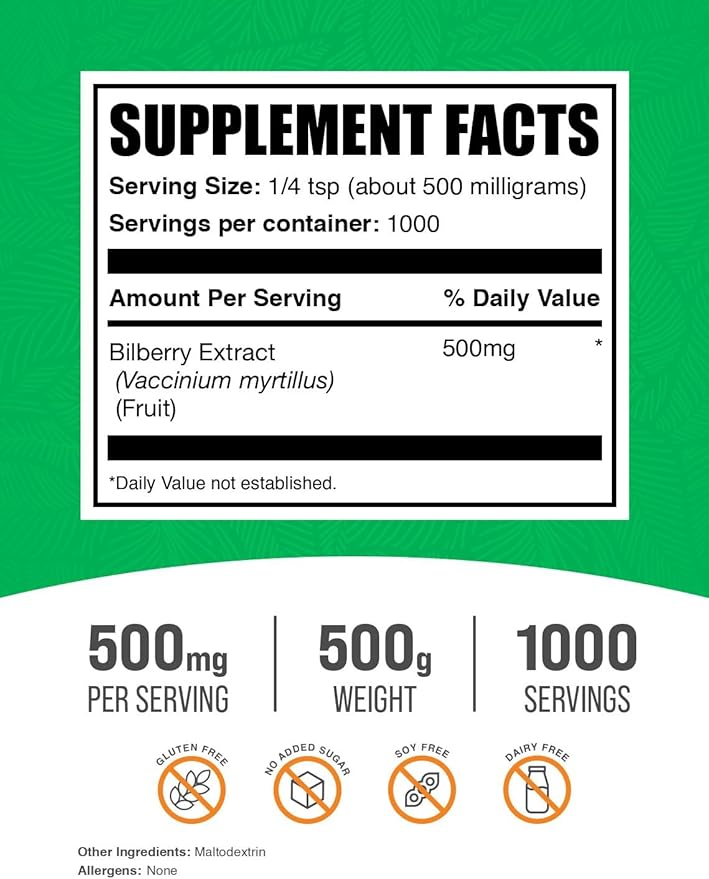 BulkSupplements.com Bilberry Extract Powder - Bilberry Extract Supplement, Herbal Supplement - Vegan & Glulten Free, 500mg per Serving, 500g (1.1 lbs) (Pack of 1)