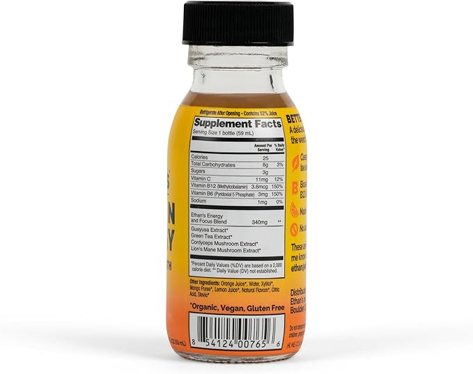 Ethan's Organic Clean Energy Shots 3 Flavors (Orange Mango, Pineapple & Pomegranite Blueberry), Sugar Free Natural Pre-Workout Focus Boost, Gluten Free, Vegan, B6 & B12 Vitamin C with Green Tea Extract and Guayusa (12 Pack of 2oz Shots)