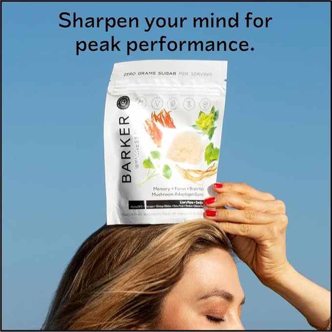 Barker Wellness Mushroom Adaptogen Gummies | Memory, Focus & Brain Health | Lions Mane, Cordyceps, Cognizin | Vegan, Sugar-Free | Passion Fruit Watermelon Flavor | 60 Gummies