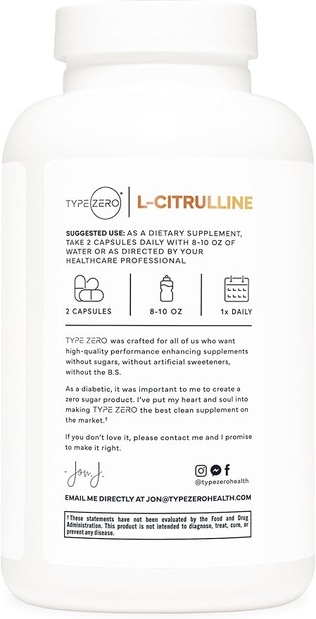 Type Zero L-Citrulline Capsules (180 Capsules) (1500 mg per Serving) - GMO-Free