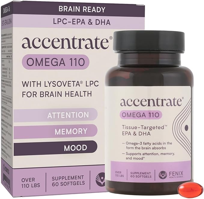 Omega 110 w/LYSOVETA LPC | EPA & DHA Supplements for Brain & Retina Health | Focus, Attention, Memory, Mood & Vision | 6X Higher Absorption Than Fish Oil | High Potency Omega-3 LPC-DHA