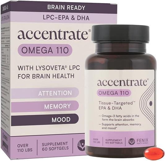 Omega 110 w/LYSOVETA LPC | EPA & DHA Supplements for Brain & Retina Health | Focus, Attention, Memory, Mood & Vision | 6X Higher Absorption Than Fish Oil | High Potency Omega-3 LPC-DHA