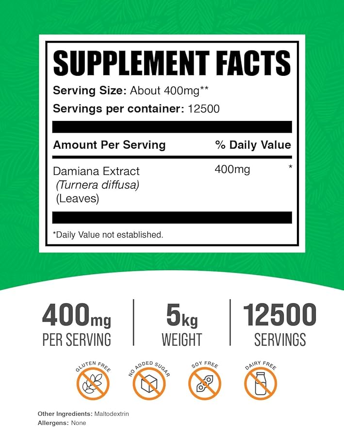 BulkSupplements.com Damiana Extract Powder - Damiana Supplement, Herbal Supplement - Vegan & Gluten Free, 400mg per Serving, 1kg (2.2 lbs) (Pack of 5)