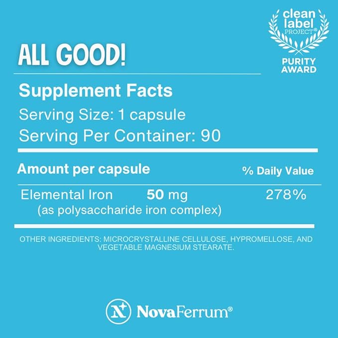 NovaFerrum All Good | Iron Capsule Supplements for Adults | Anemia | 50mg of Iron | 30 Servings | Sugar Free | Vegan | Gluten Free