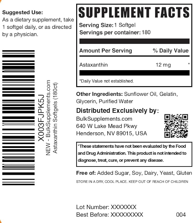 BulkSupplements.com Astaxanthin 12mg Softgels - Astaxanthin Supplements, Antioxidant Source - Gluten Free, 1 Softgel per Serving, 180 Count (Pack of 1)