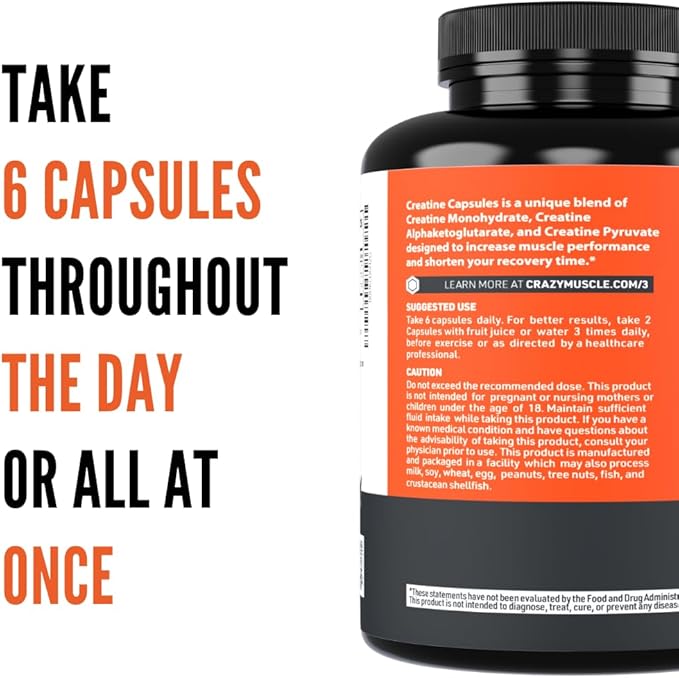 Creatine Capsules, 5g Premium 3X ThreeAtine Pre Workout Bulk Muscle Mass Gainer, High Absorption Easy to Take Creatine Monohydrate Pills Alternative Optimum Performance for Men Women, 180 Capsules