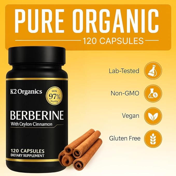 Berberine with Ceylon Cinnamon 1200mg – 97% Purity- Non-GMO, Gluten-Free, Lab-Tested Vegan Berberine Supplement (120 Count)