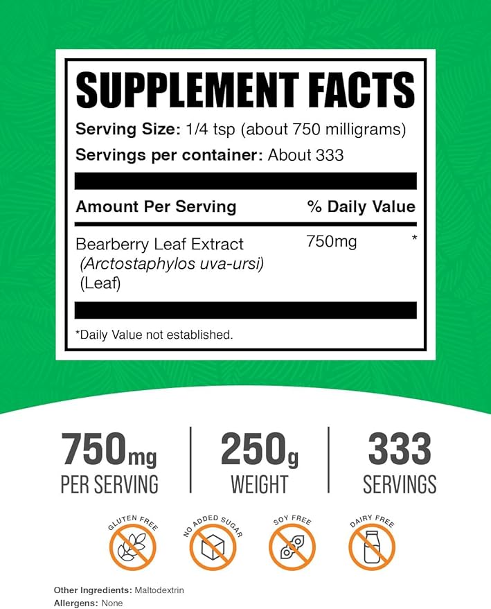 BulkSupplements.com Bearberry Leaf Extract Powder - Uva Ursi Extract, Herbal Supplement - Vegan & Gluten Free, 750mg per Serving, 250g (8.8 oz) (Pack of 1)
