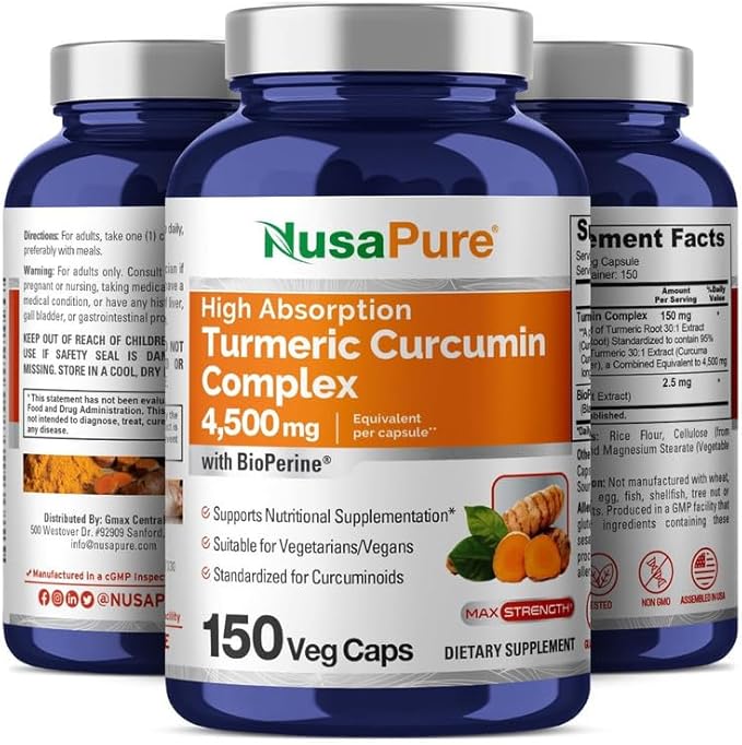 NusaPure Turmeric Curcumin Complex 4,500mg per caps, 150 caps, Non-GMO, Gluten-Free, Vegan, Bioperine