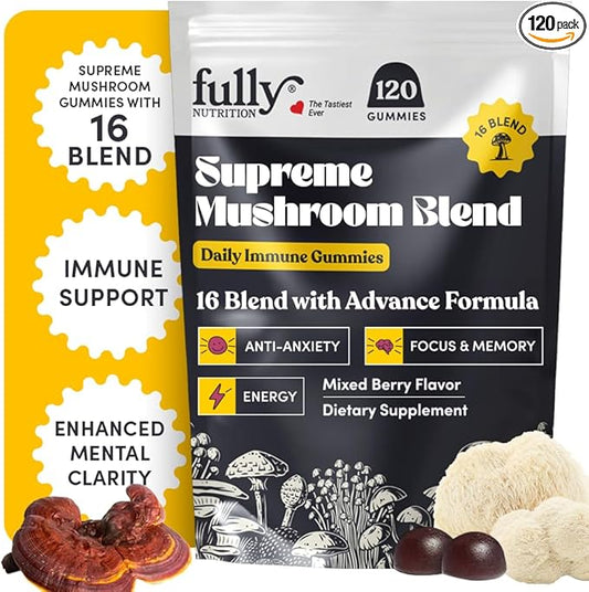 16 Blend Mushroom Gummies - Mushroom Gummies for Adults, Mushroom Supplement with Chaga, Lions Mane, Reishi, Cordyceps for Focus & Clarity, Supports Microdosing Mushrooms - Mixed Berry