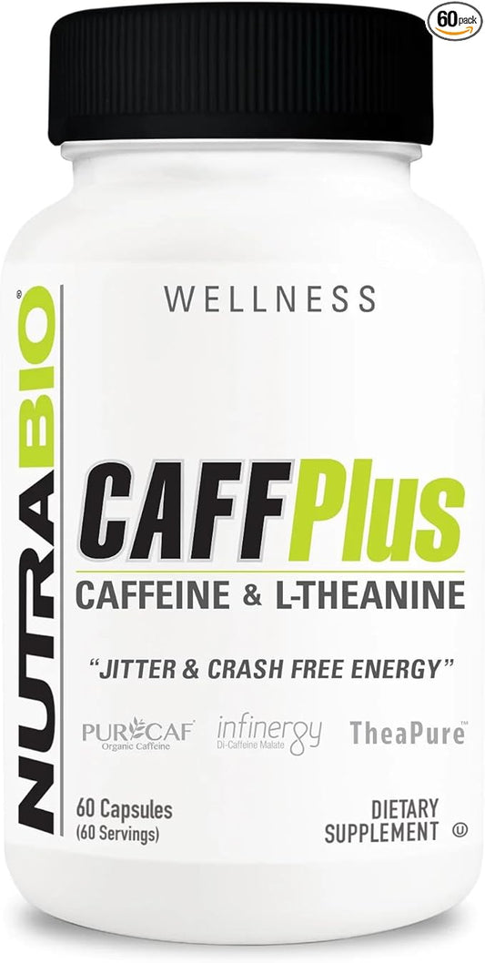 NutraBio CaffPlus, Dual Source Caffeine with Theanine for Healthy Energy Boost - 60 Vegetable Capsules