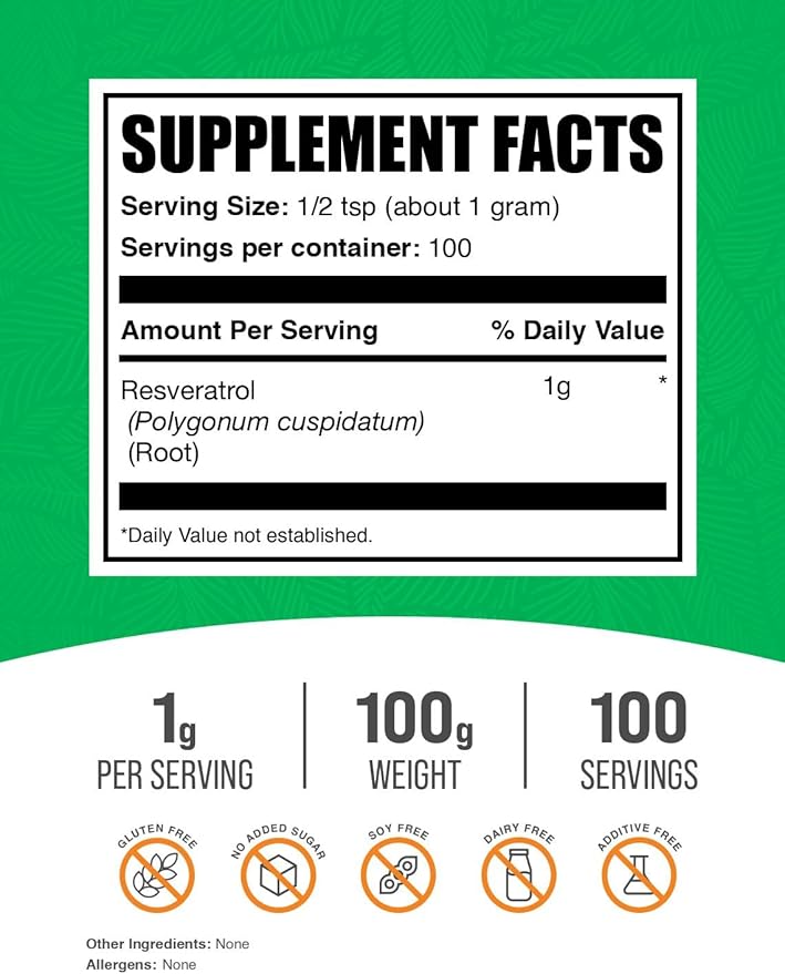 BulkSupplements.com Resveratrol Powder - Resveratrol Supplement, from Polygonum Cuspidatum - Antioxidant, Gluten Free, 1g per Serving, 100g (3.5 oz) (Pack of 1)