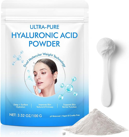 Hyaluronic Acid Powder for Skin & Face, Hyaluronic Acid Serum Powder, High & Low Molecular Weight, Water Soluble, DIY Serums for All Skin Types Hydration and Moisture, Includes Scoop (3.52Oz/100g)
