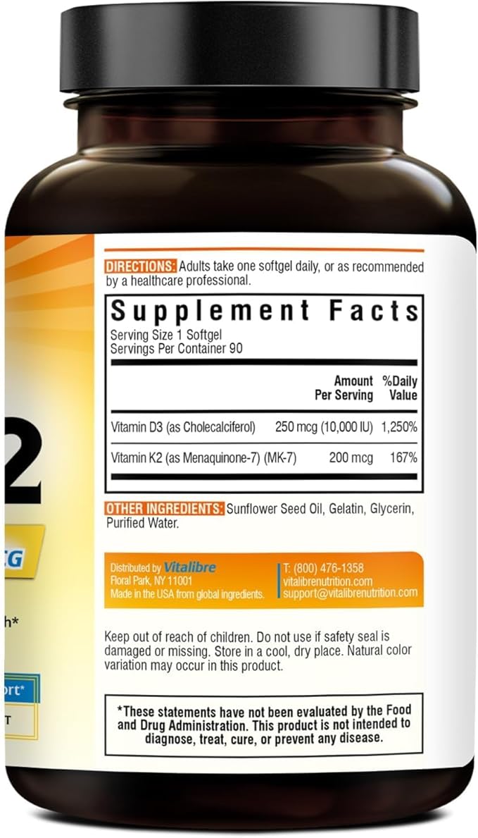 Vitamin D3 K2 Supplement, 10000 IU D3 / 200 mcg K2 MK7, Calcium Absorption, Bone, Heart, Immune & Mood Support, Enhanced Absorption, No Soy, Easy to Swallow, 90 Softgels