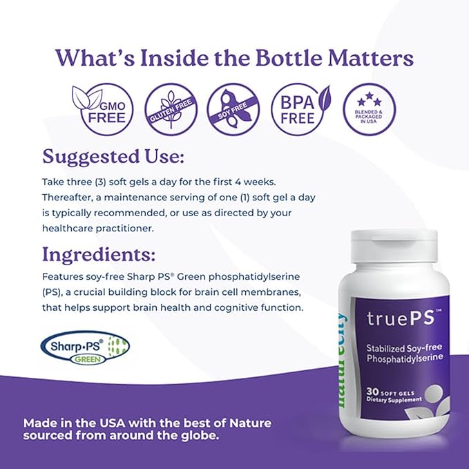 NatureCity True-PS Soy Free Stabilized Phosphatidylserine 100mg Brain Supplements for Memory and Focus - Memory Pills for Brain - Brain Health Supplements for Adults (30 SoftGels)