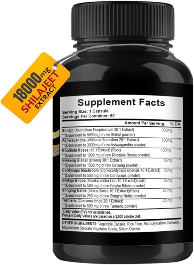 Shilajit Capsules for Men & Women, 8 in 1, with Shilajit 18000 mg, Ashwagandha, Ginseng, Ginkgo, Rhodiola, Cordiceps, Natural Energy & Stamina Supplement for Men, 60 Capsules.