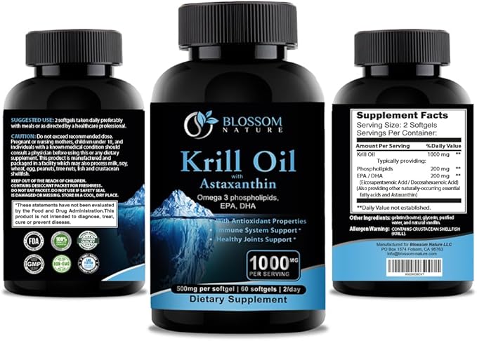 Antarctic Krill Oil 1000mg Softgels with Astaxanthin – Omega-3 EPA & DHA Supplement for Heart, Brain, and Joint Health in Form of Phospholipids– 60 Vanilla-Flavored Softgels