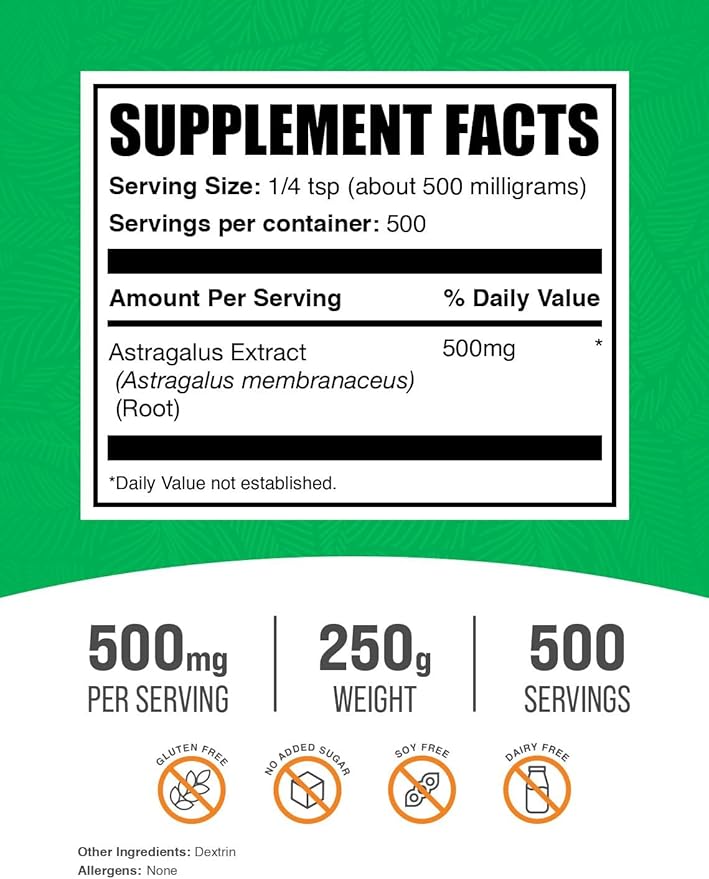 BulkSupplements.com Astragalus Extract Powder - Astragalus Root Powder, Herbal Supplement - Vegan & Gluten Free, 500mg per Serving, 250g (8.8 oz) (Pack of 1)