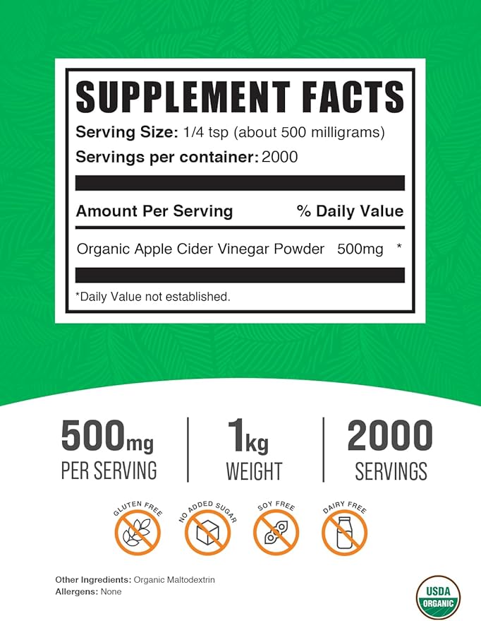 BulkSupplements.com Organic Apple Cider Vinegar Powder - Apple Cider Vinegar Supplement, ACV for Digestive Support - Vegan & Gluten Free, 500mg per Serving, 1kg (2.2 lbs) (Pack of 1)