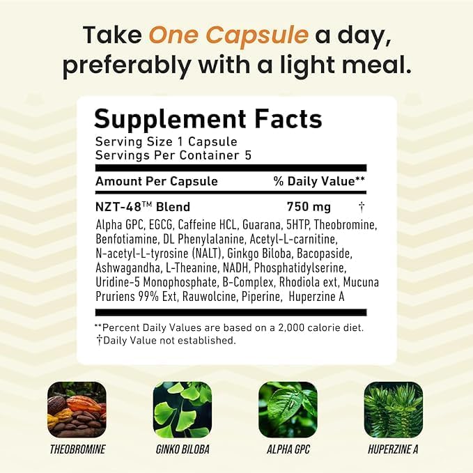 Nootropic Premium Brain Booster - Brain Supplement for Memory + Focus + Natural Energy - Caffeinated, Phosphatidylserine, Vitamins B6 B12-5ct Capsules - Travel Pack
