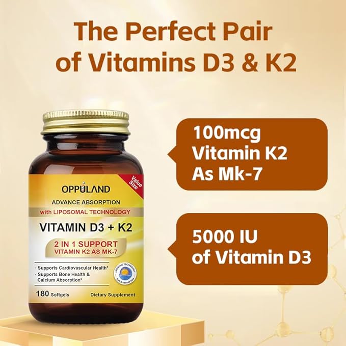 Vitamin D3 + K2 5000 IU - Liposomal Technology for Enhanced Absorption - MK-7 Vitamin K2 100mcg - Supports Bone & Calcium Metabolism - D3K2 Supplement for Men & Women - 180 Softgels